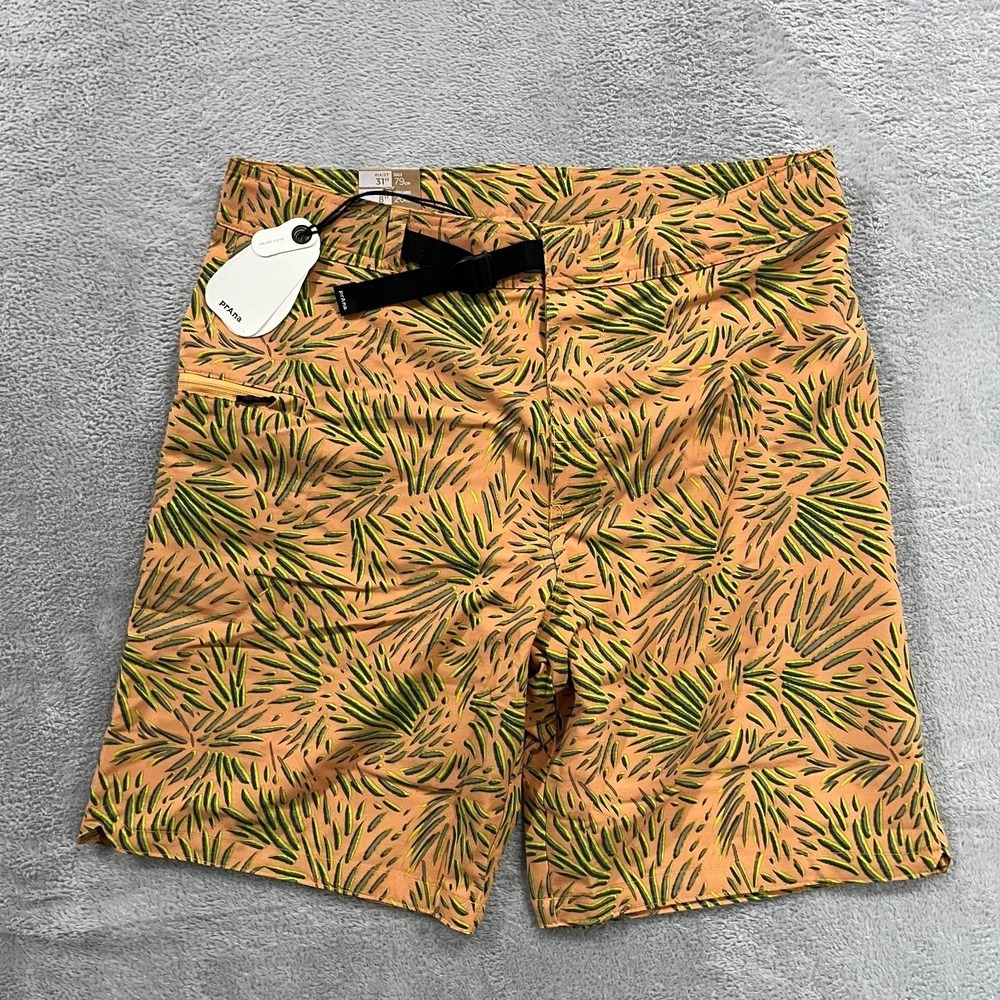 prAna Men Rock Shock Boardshort 31 Aura Glow Fronds Inseam 8" Beach Coastal Belt